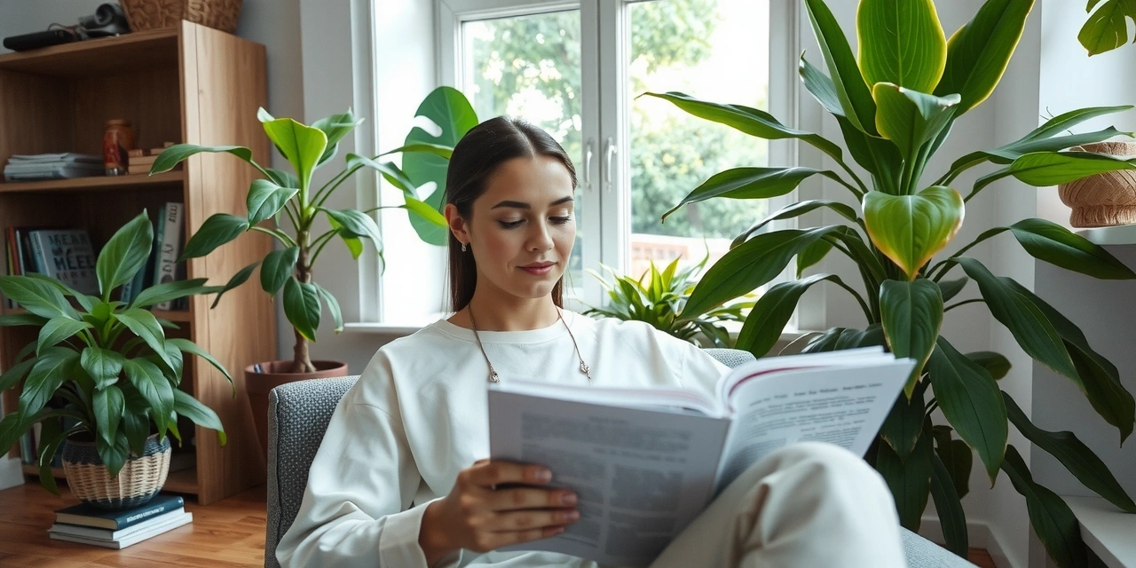 Persona leyendo un libro rodeada de plantas y elementos naturales, simbolizando conocimiento y salud.