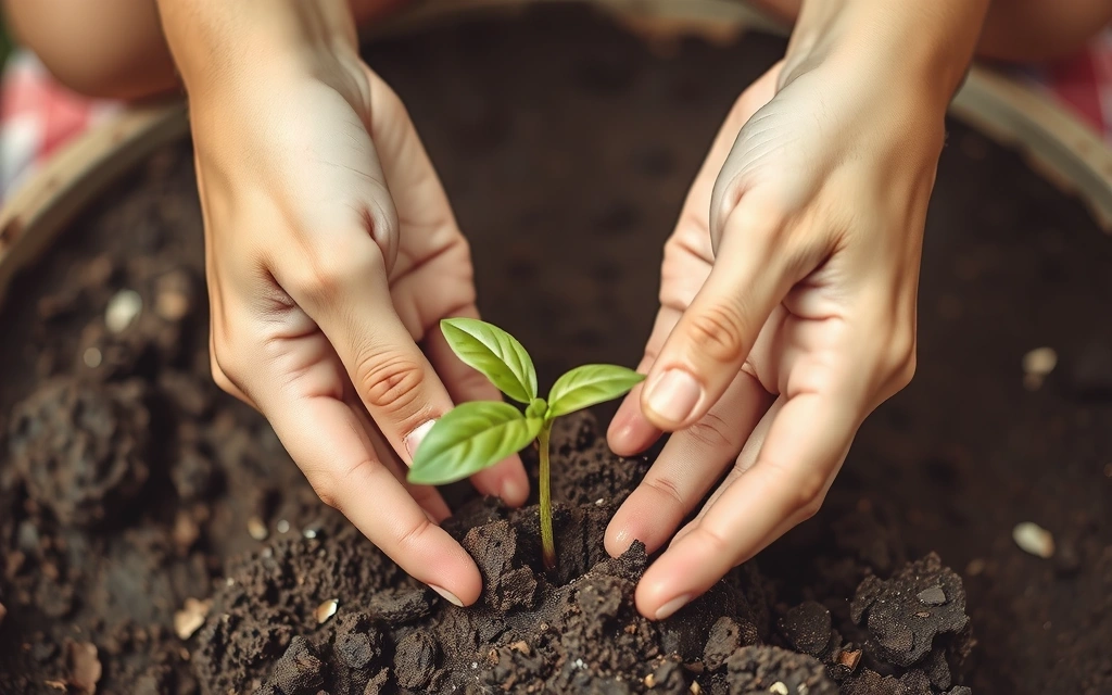 Manos sosteniendo una pequeña planta verde que brota de la tierra, simbolizando crecimiento natural y cuidado