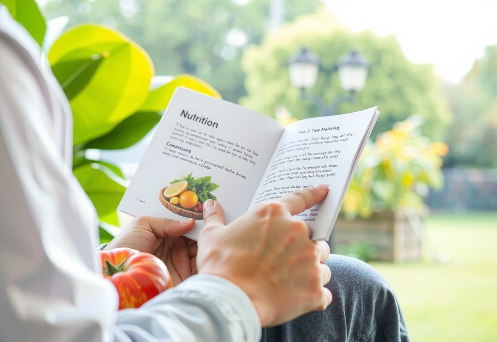 Una persona leyendo un libro sobre nutrición en un entorno verde y natural.