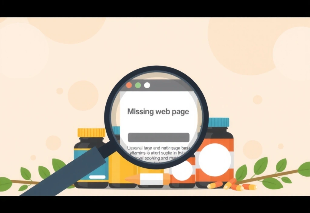 Ilustración de una lupa buscando una página desaparecida entre píldoras y hojas naturales