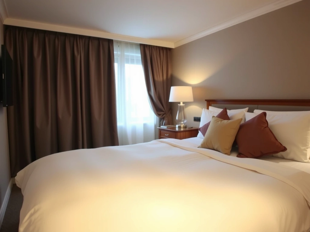 Dormitorio acogedor y tranquilo con una cama bien hecha, luz suave y elementos que invitan al descanso, como almohadas mullidas y cortinas oscuras.