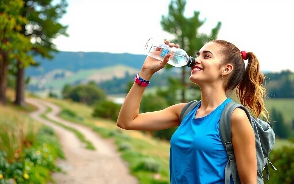 Mujer joven bebiendo agua fresca de una botella reutilizable mientras hace una pausa durante una caminata por un sendero natural.