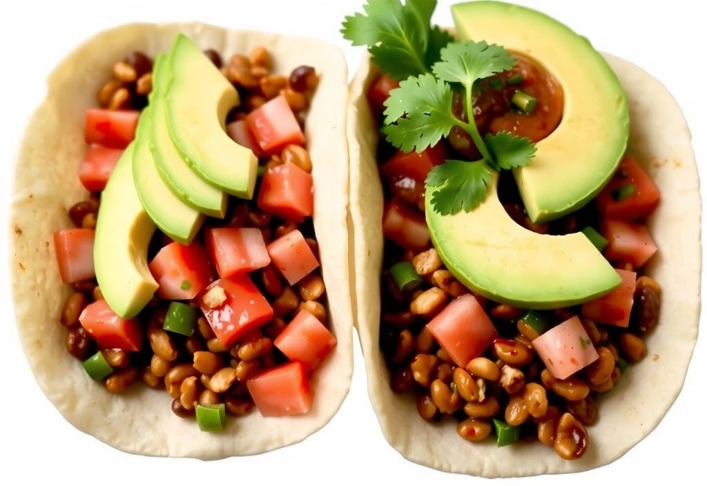Tacos de lentejas vegetarianos con salsa fresca de pico de gallo y aguacate, servidos en tortillas de maíz.