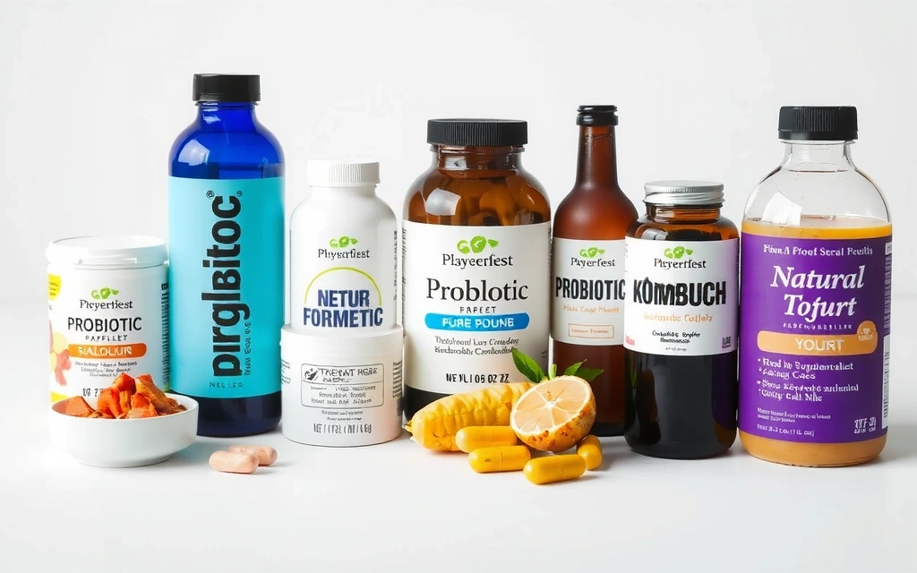 Botellas de probióticos y alimentos fermentados