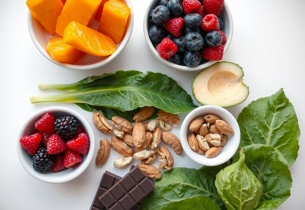 Mesa con alimentos ricos en antioxidantes